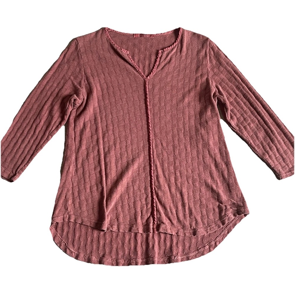 Cut Loose Womens Textured Top Medium Rust Basket Weave Curved Hem V-Notch Neck